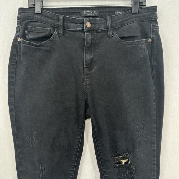 Judy Blue Jeans 13 31 Skinny Black Stretch Denim Leopard Animal Patch Distressed - Picture 3 of 14
